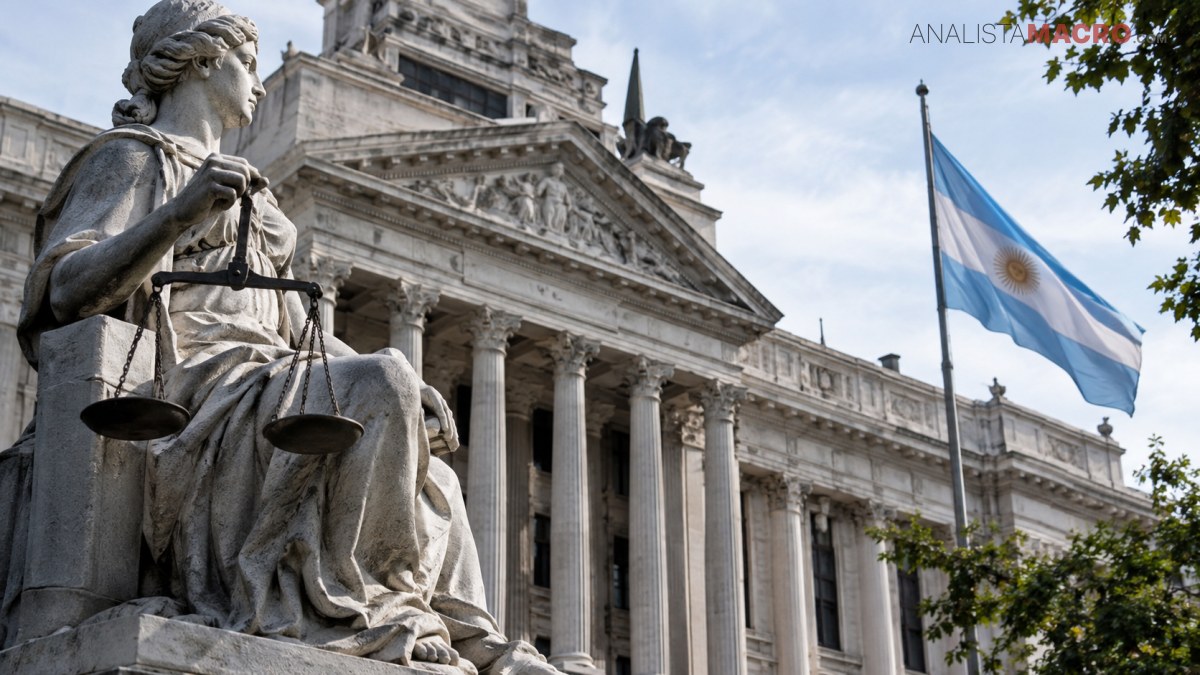 Estatua de la Justicia con una balanza frente a un edificio neoclásico, junto a una bandera argentina ondeando.