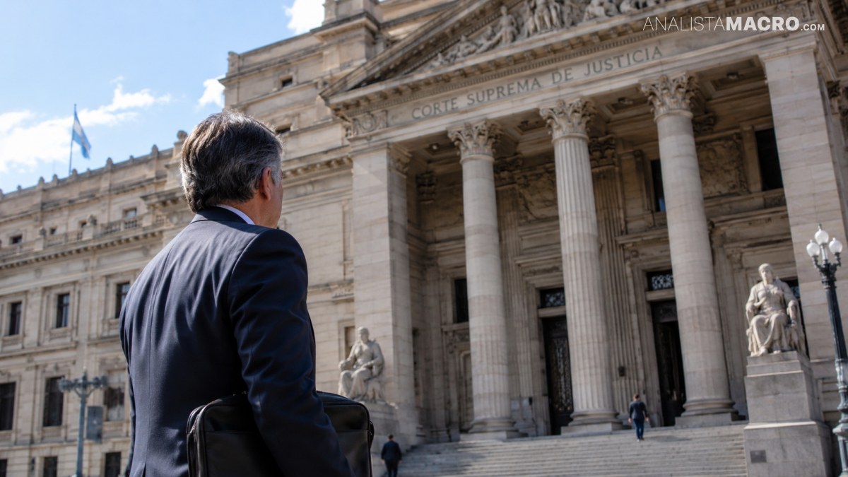 Hombre de espaldas, vestido con traje oscuro, frente a un imponente edificio neoclásico con columnas y esculturas.