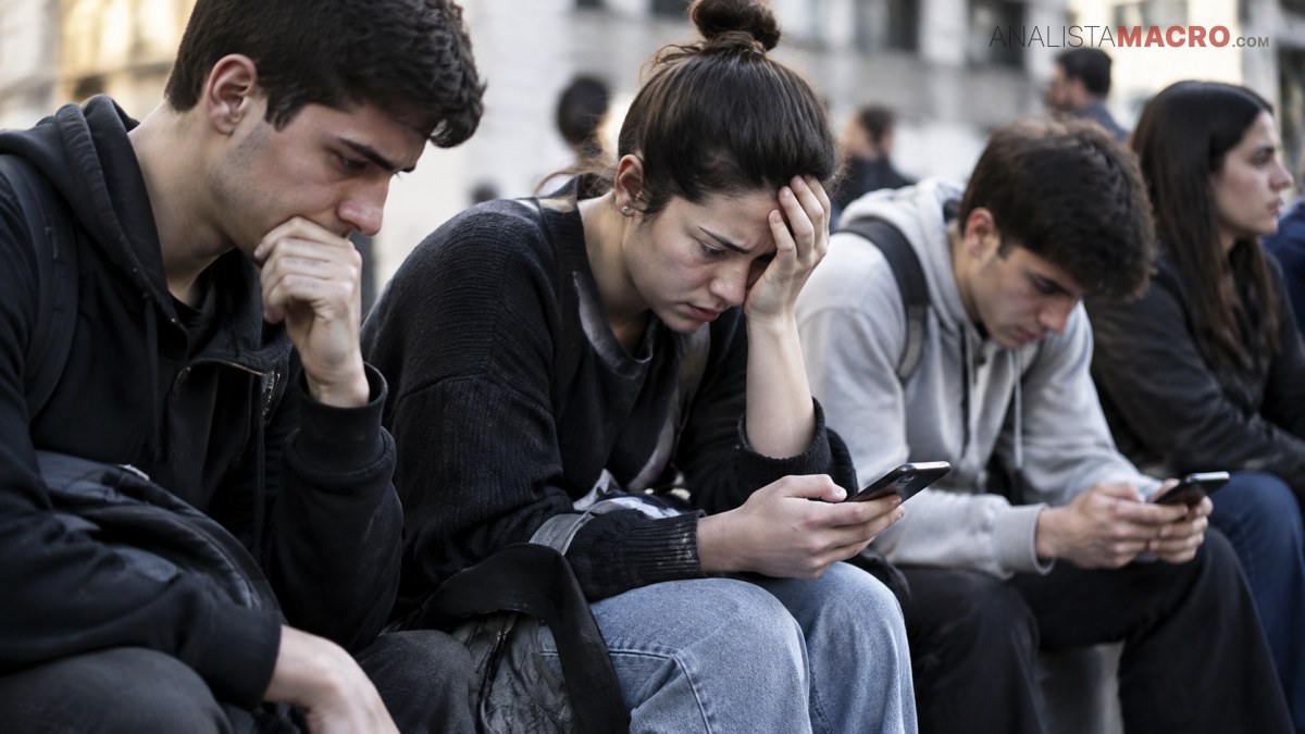 Jóvenes sentados en una banca miran sus teléfonos, con expresiones serias y pensativas.