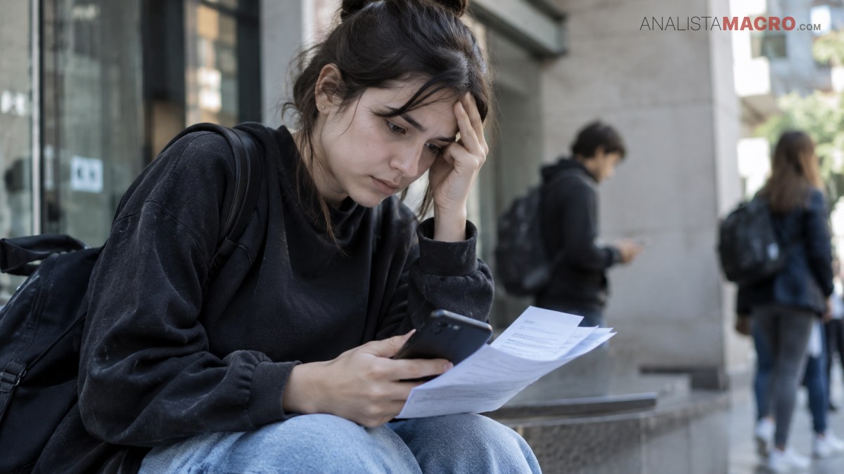 Joven sentada sostiene un teléfono y varios documentos, mientras otras personas caminan desenfocadas al fondo.