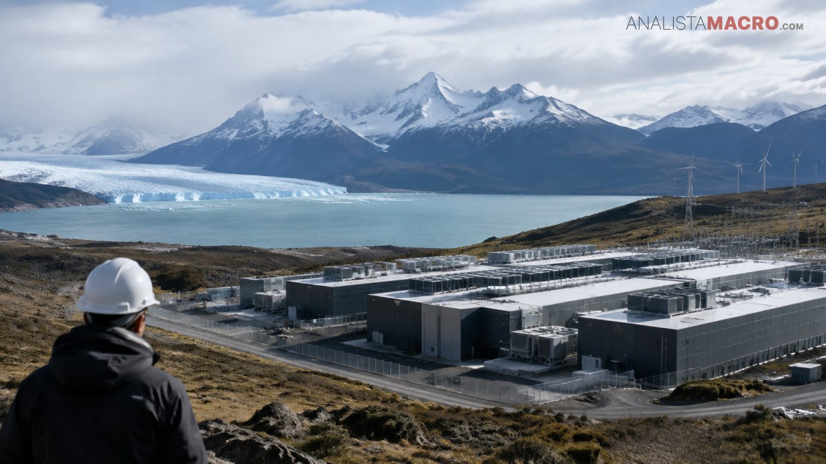 Persona con casco observa un complejo industrial junto a un lago, con montañas nevadas y aerogeneradores al fondo.