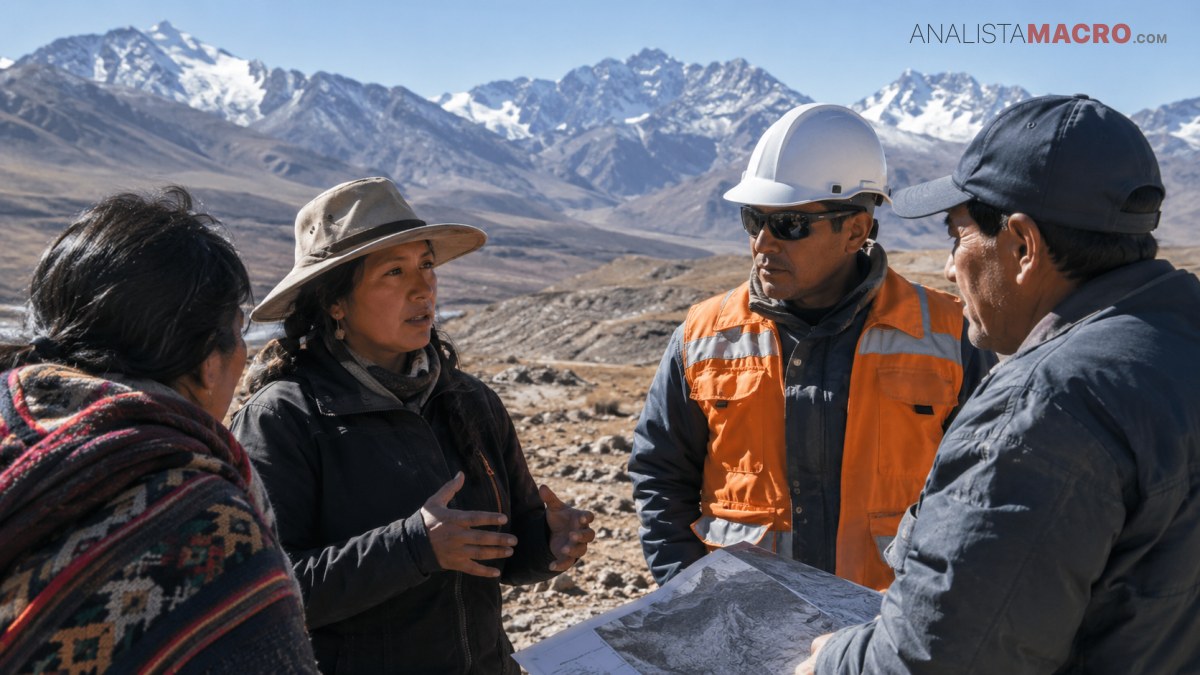Cuatro personas conversan en un paisaje montañoso, mientras una sostiene un plano y otra viste casco y chaleco naranja.