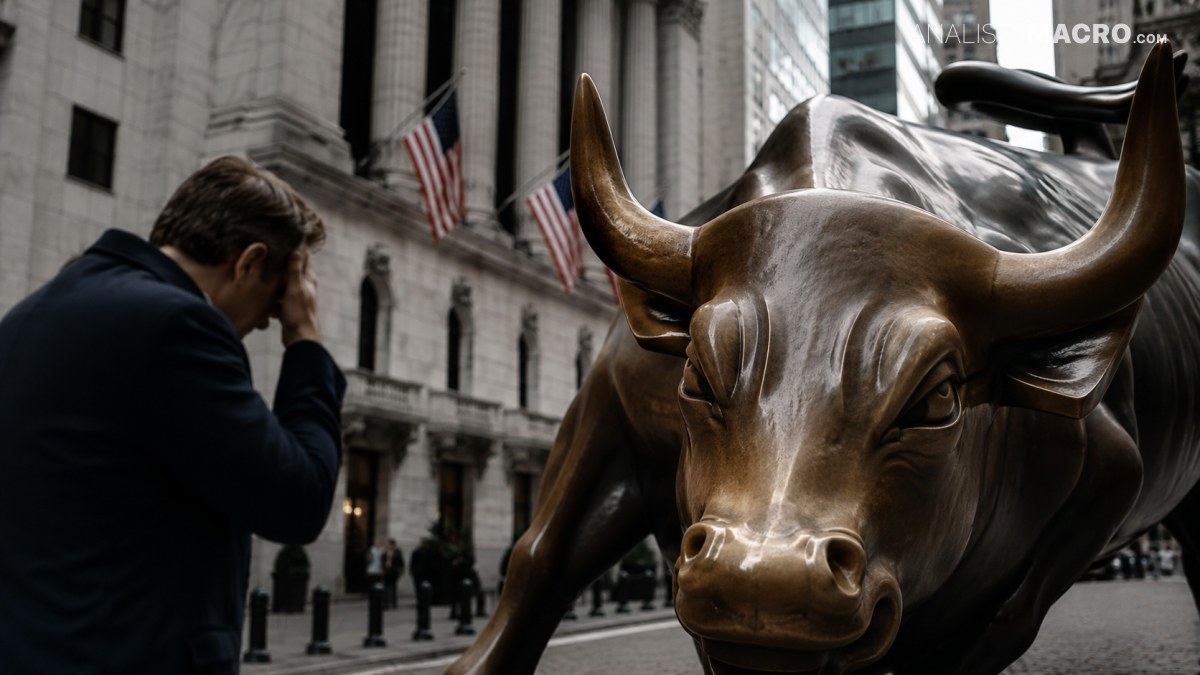 Un toro de bronce con grandes cuernos ocupa la calle, mientras un hombre lo fotografía frente a edificios con banderas estadounidenses.
