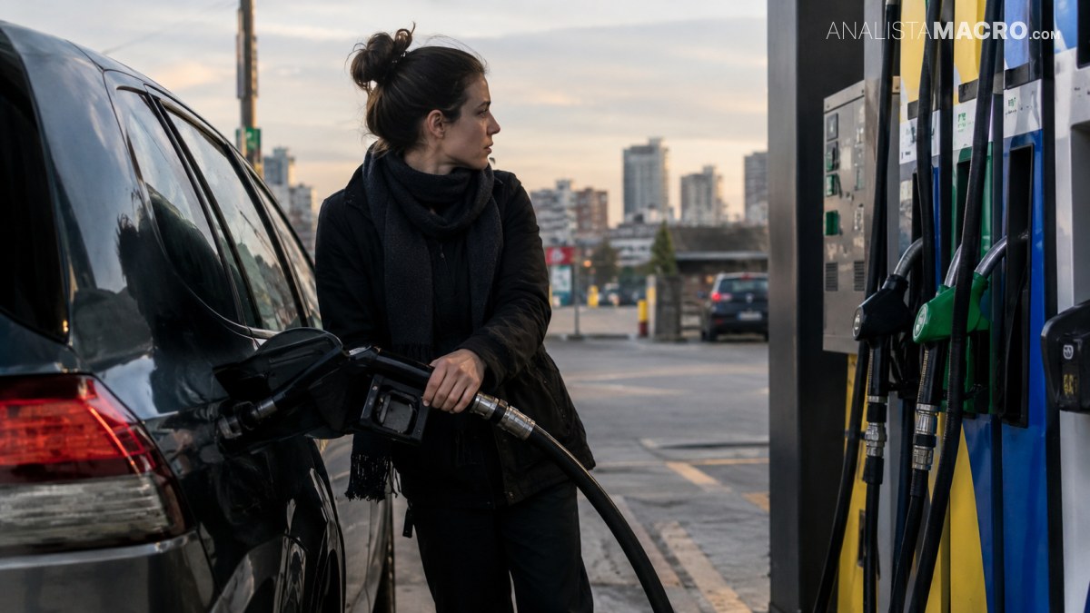 Una mujer carga combustible en un automóvil negro junto a surtidores, mientras se observan edificios urbanos al fondo.