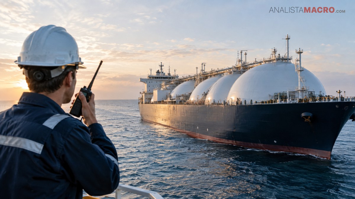 Trabajador con casco y radio observa un gran buque cisterna navegando cerca, mientras el sol se refleja sobre el mar.