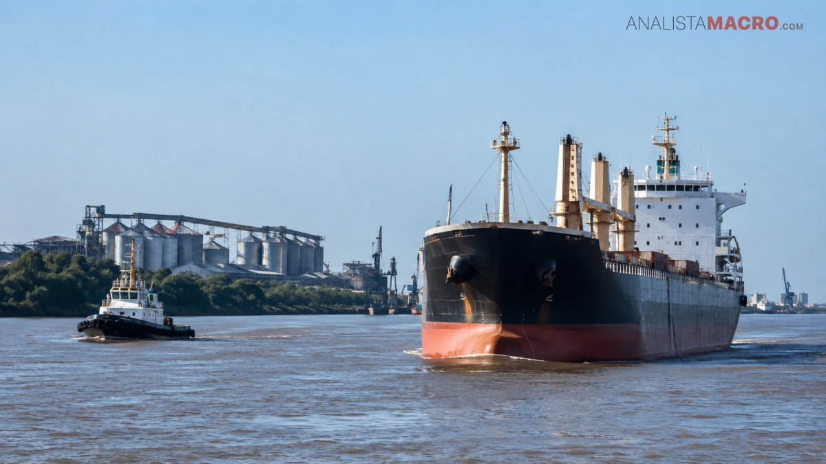 Buque de carga navegando por un río, acompañado por un remolcador y con estructuras industriales en la orilla.