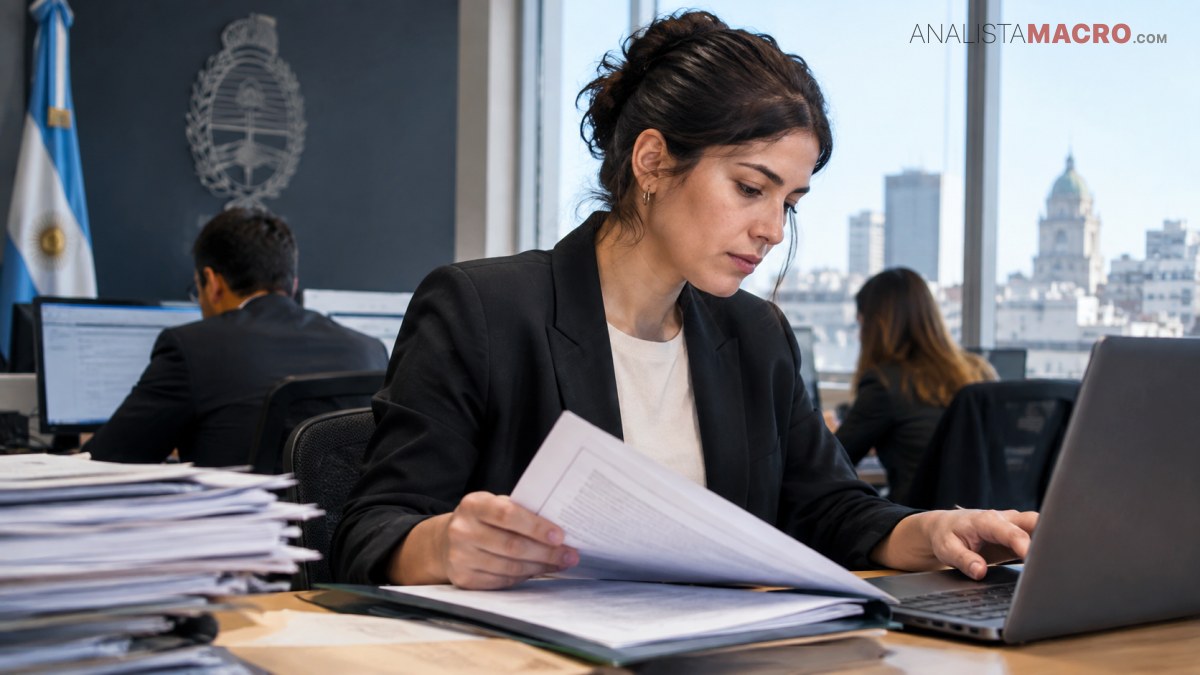 Mujer sentada revisa documentos junto a una computadora portátil, en una oficina con otras personas y una bandera al fondo.