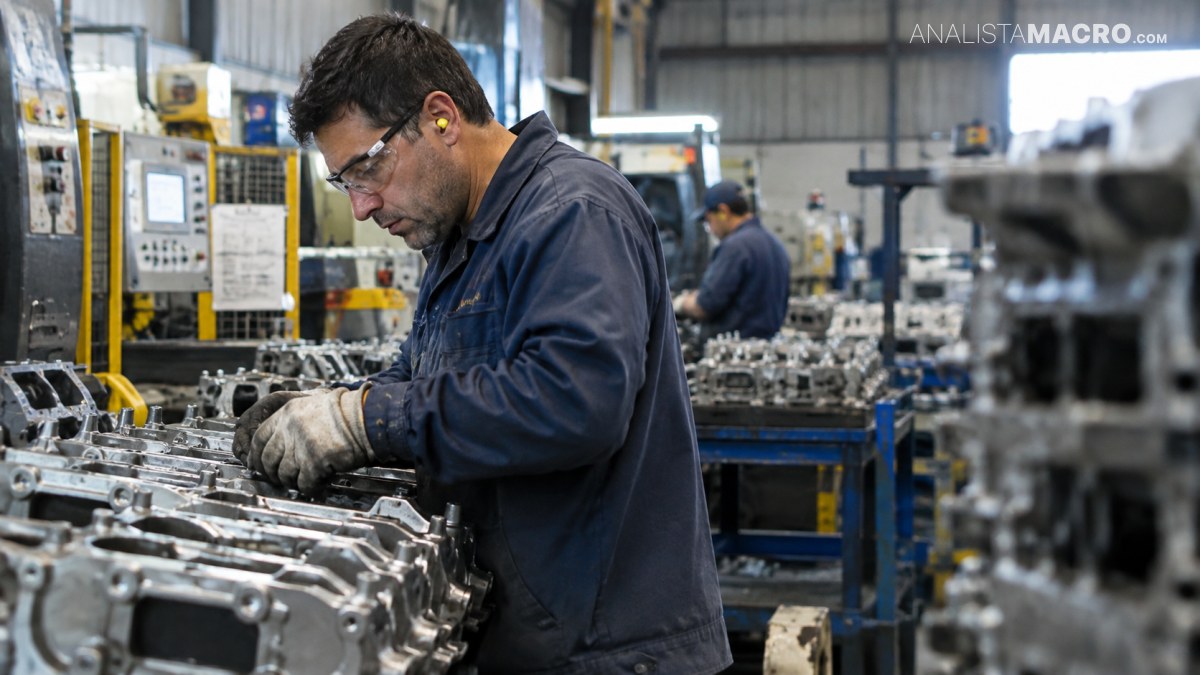 Trabajador con gafas y uniforme azul manipula piezas metálicas en un taller industrial.