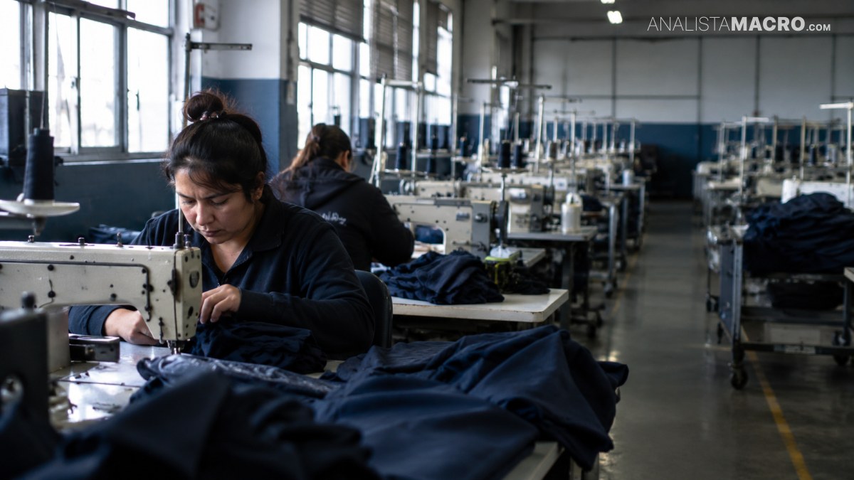 Mujer cose prendas oscuras con una máquina industrial en un amplio taller textil lleno de equipos y mesas de trabajo.