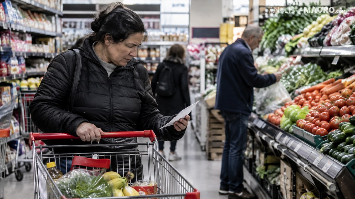 Mujer con chaqueta negra consulta su teléfono junto a un carrito de compras, mientras otras personas seleccionan productos en un supermercado.