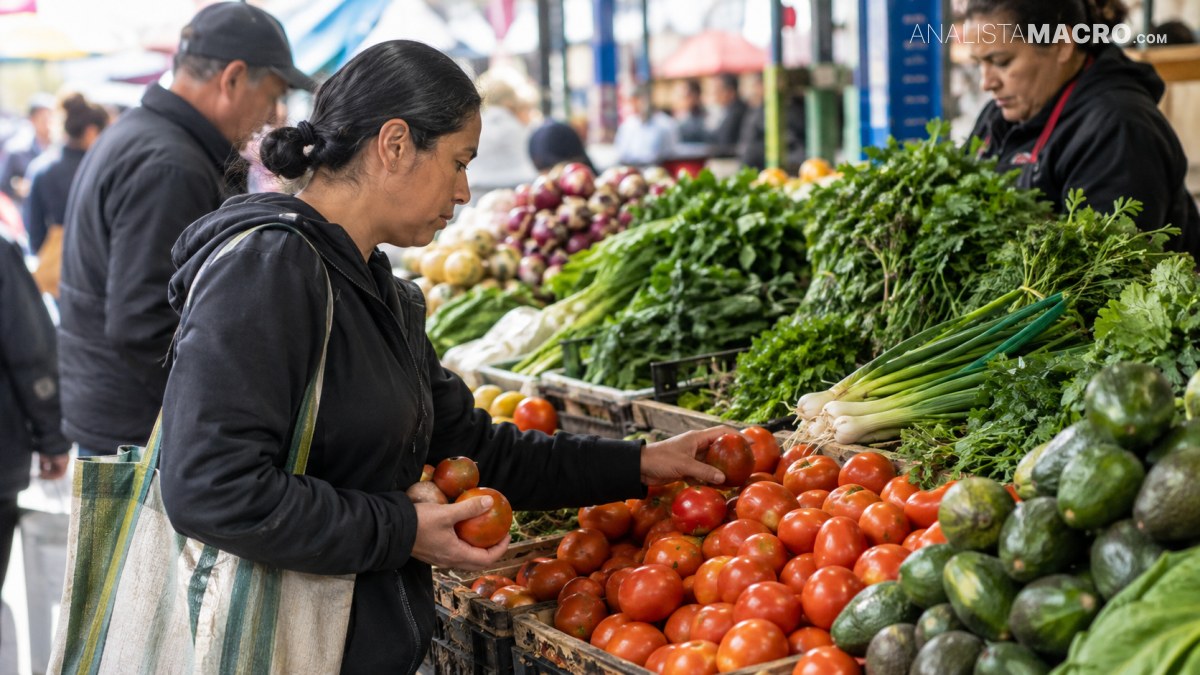 Mujer selecciona tomates en un puesto de mercado repleto de verduras, mientras otras personas compran al fondo.