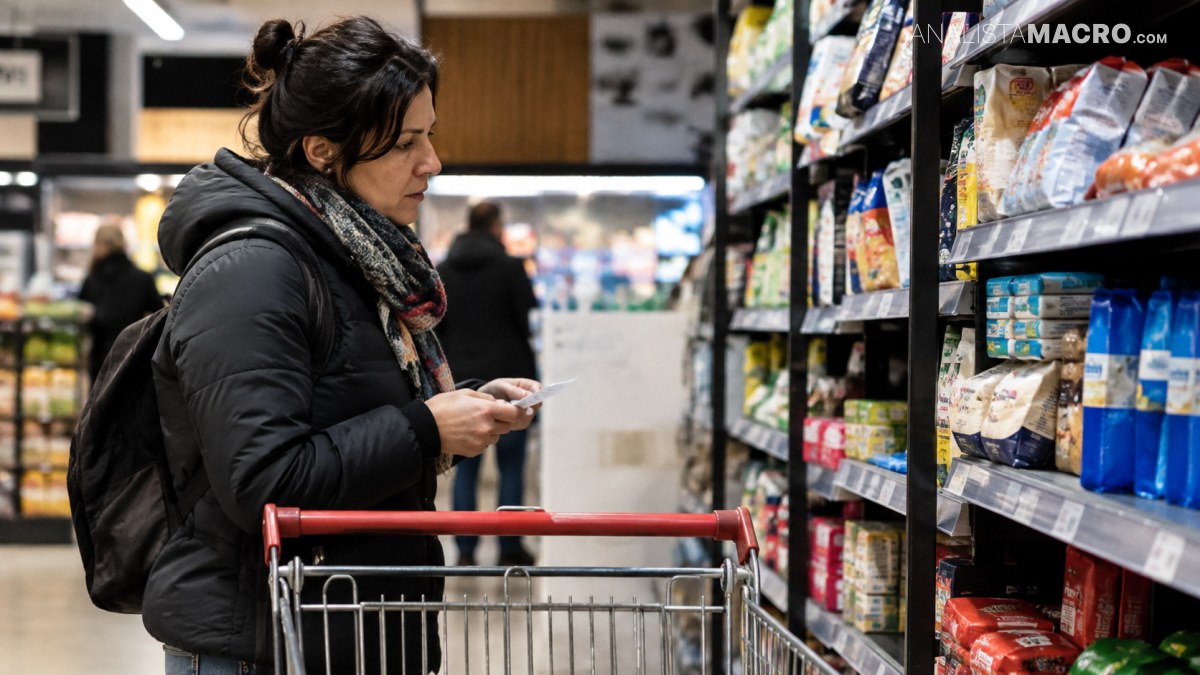 Mujer con abrigo negro y mochila consulta su teléfono junto a un carrito frente a estantes de productos en un supermercado.