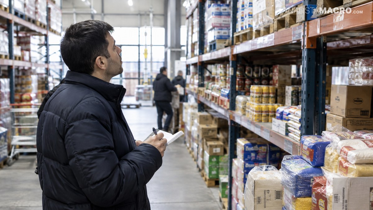 Hombre con chaqueta oscura revisa una estantería de productos envasados mientras sostiene un dispositivo en un almacén.
