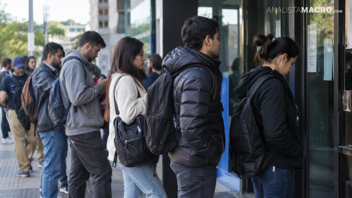 Personas hacen fila frente a la entrada de un edificio, algunas con mochilas y abrigos, mientras esperan su turno.