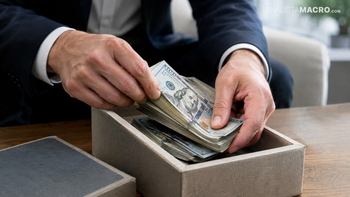 Persona con traje cuenta billetes estadounidenses y los coloca dentro de una caja abierta sobre una mesa.
