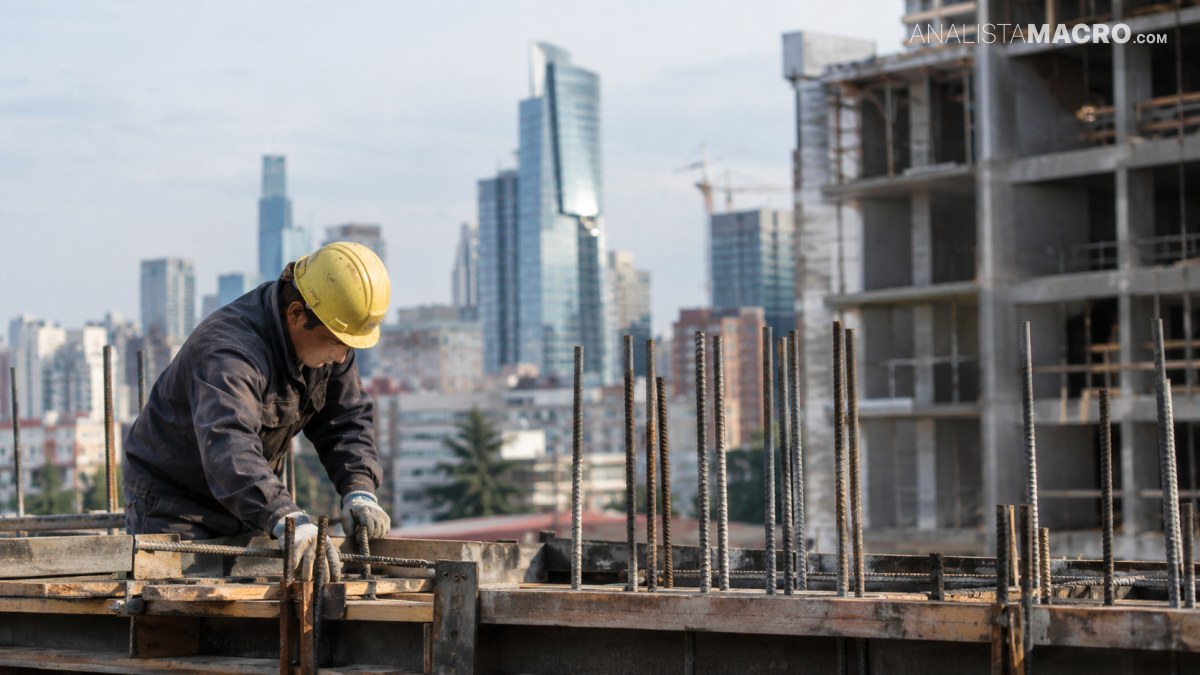 Un trabajador con casco amarillo manipula varillas de acero en una obra, con edificios altos al fondo.