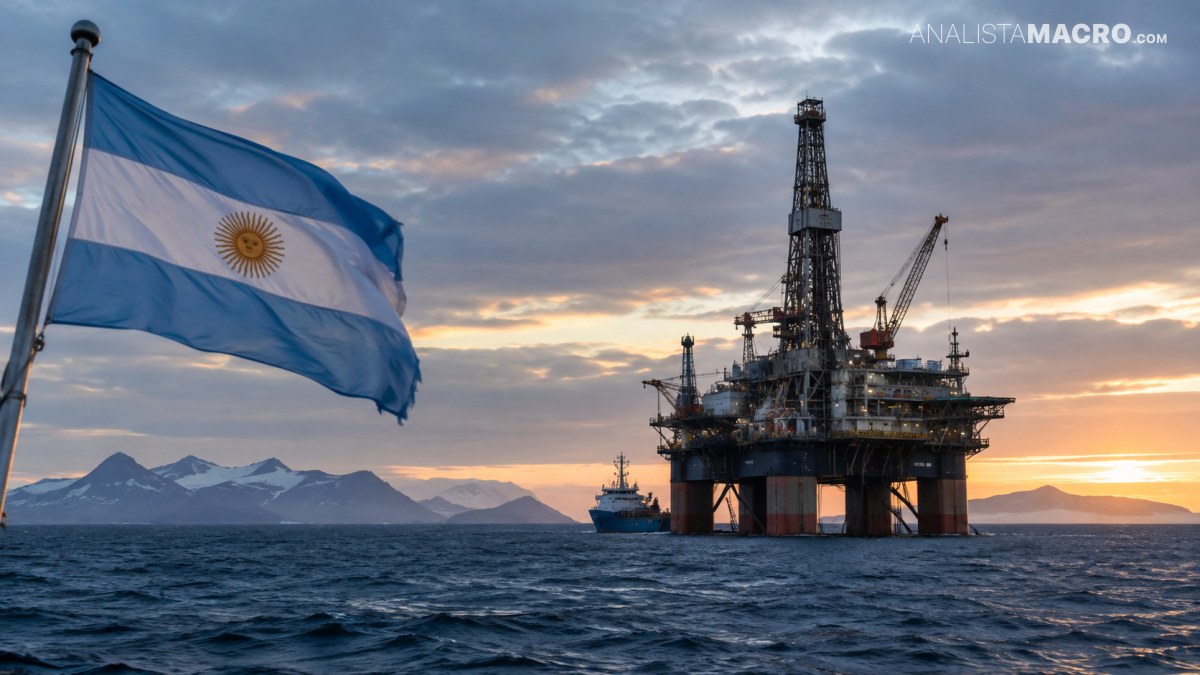 Bandera argentina ondeando frente a una plataforma petrolera marina, con montañas al fondo y el mar agitado bajo un cielo nublado.