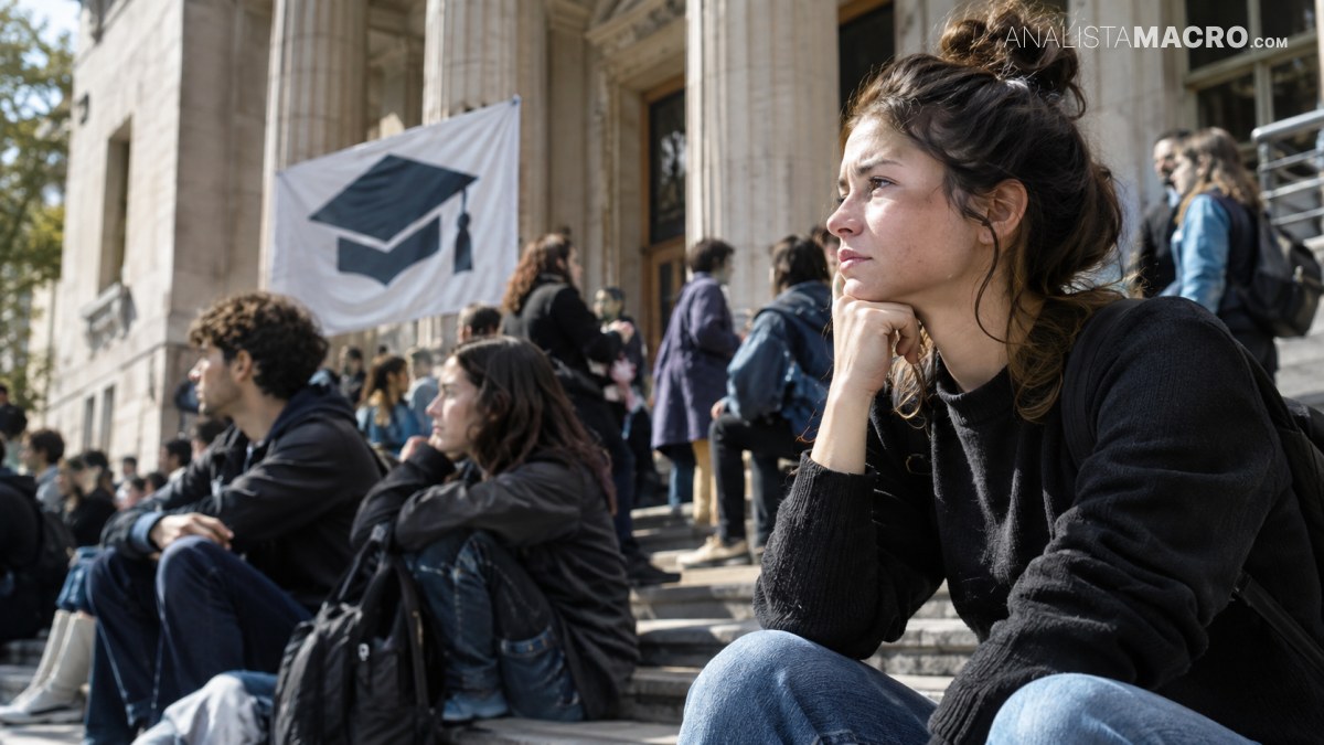 Una joven sentada en unas escaleras, rodeada de otras personas, con una pancarta que muestra un birrete académico.