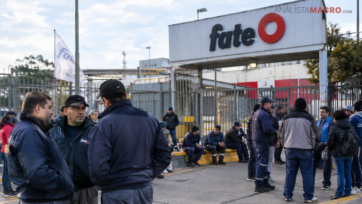 Personas conversan y esperan frente a una entrada cercada, bajo un letrero grande con el texto “fate” y un círculo rojo.