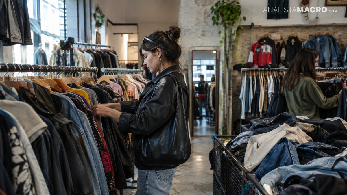 Mujer revisa prendas en un perchero dentro de una tienda de ropa con estantes, cestos llenos y otra persona al fondo.