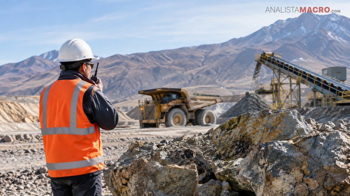 Trabajador con casco y chaleco reflectante observa maquinaria pesada en una cantera rodeada de montañas.