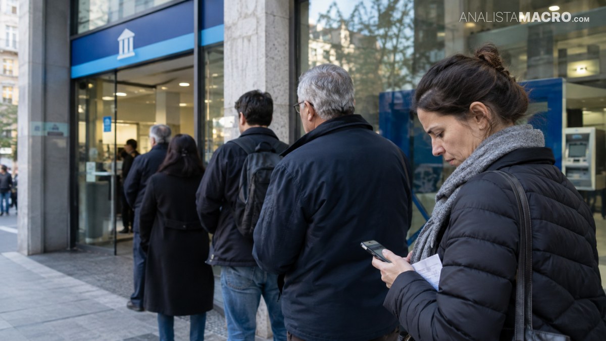 Varias personas hacen fila frente a una sucursal bancaria, mientras una mujer consulta su teléfono móvil.