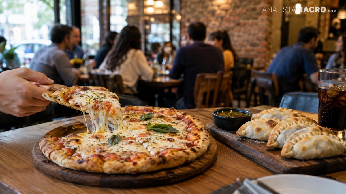 Pizza recién horneada con queso estirándose, empanadas y bebidas sobre una mesa de madera en un restaurante concurrido.