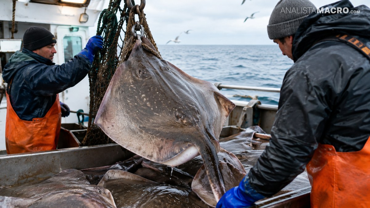 Dos pescadores con ropa impermeable manipulan una gran raya sobre la cubierta de un barco en alta mar.