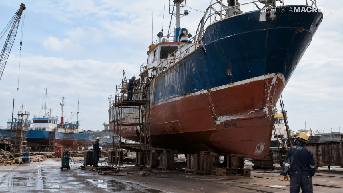 Un barco pesquero azul y rojo está en reparación en un astillero, rodeado de trabajadores, andamios, grúas y otras embarcaciones.
