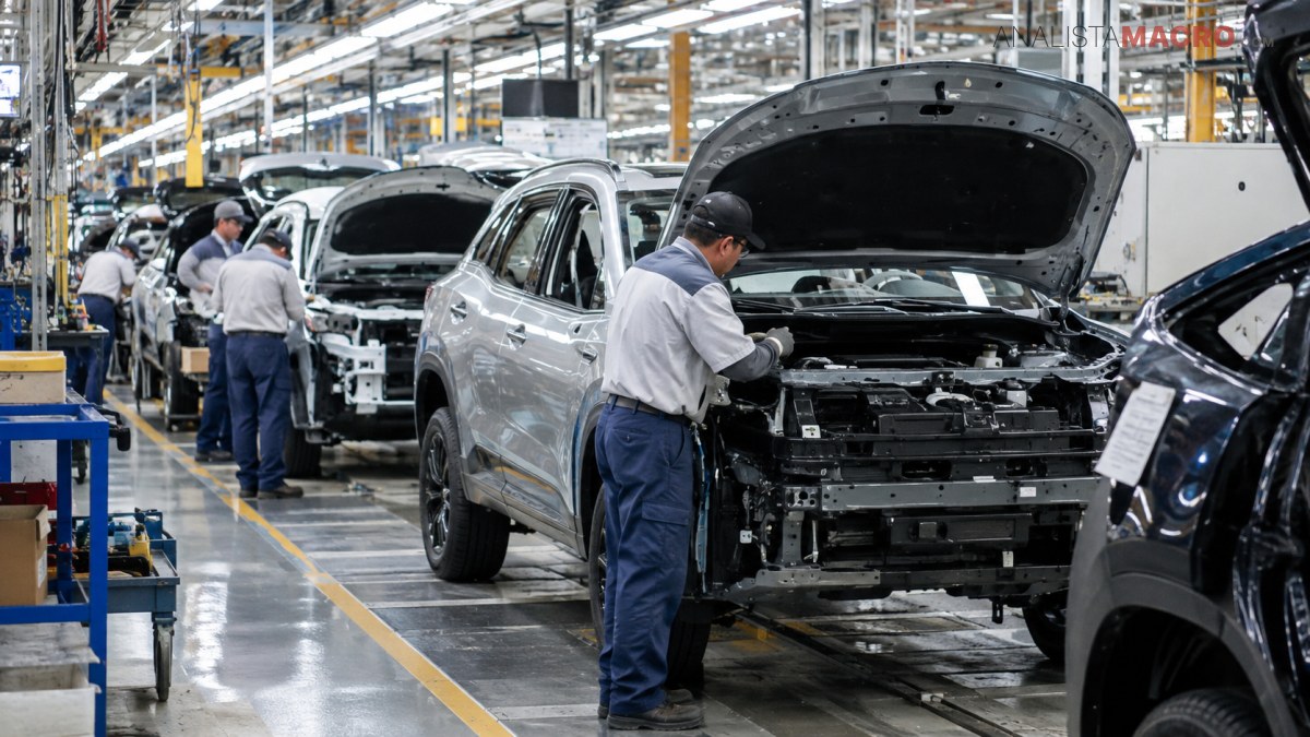Un trabajador revisa el motor de un automóvil con el capó abierto en una línea de montaje, rodeado de otros vehículos y operarios.