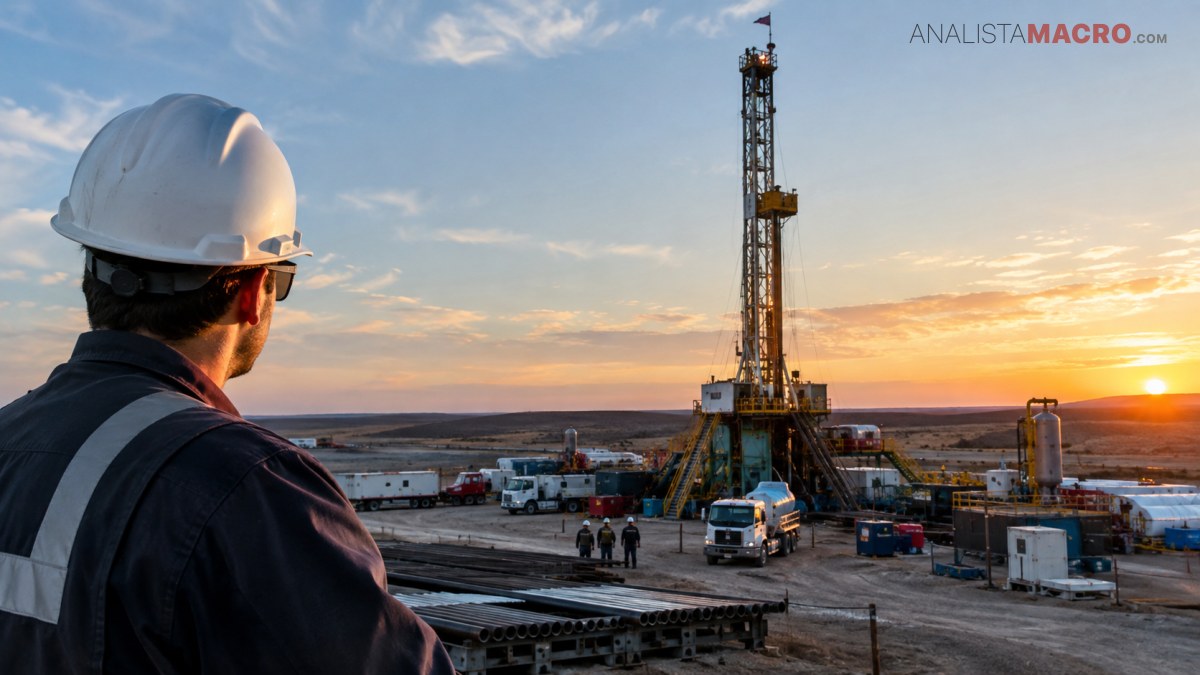 Un trabajador con casco mira una plataforma petrolera con torres y equipos industriales al atardecer.