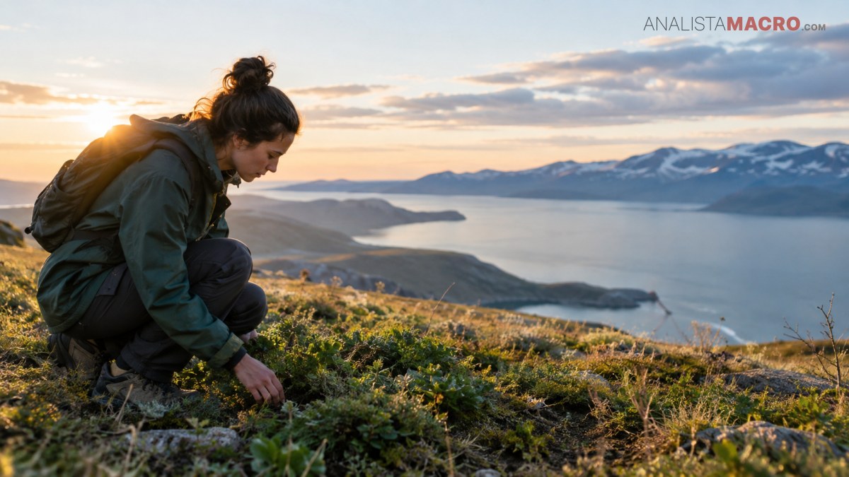 Una persona con mochila se agacha entre la vegetación de una ladera, frente a un lago y montañas al atardecer.