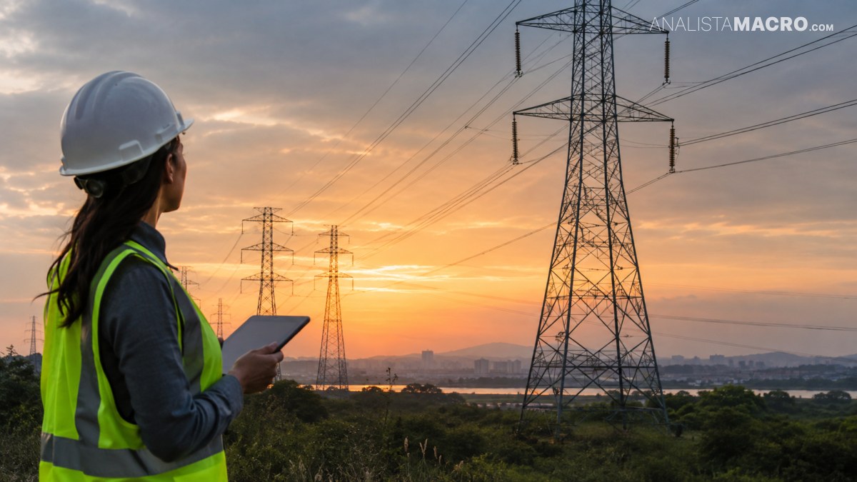 Trabajadora con casco y chaleco reflectante observa una tableta frente a torres eléctricas durante un atardecer.