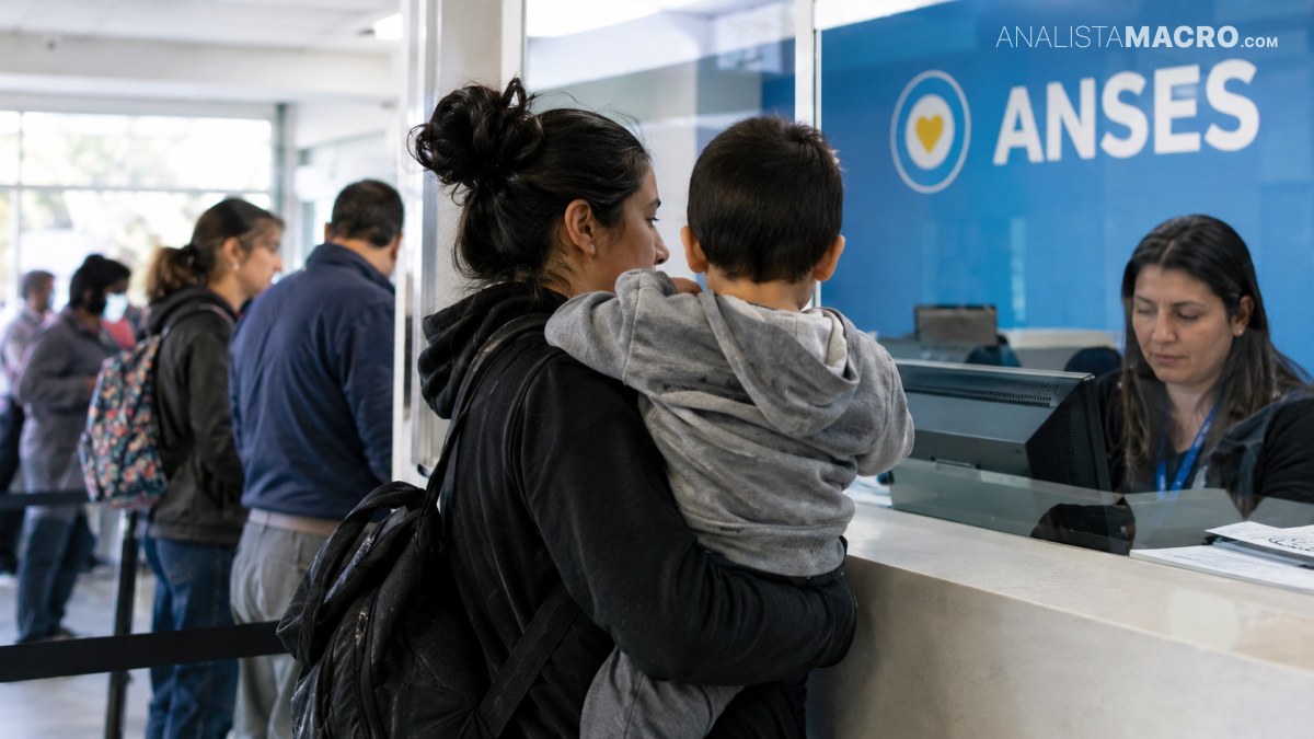 Mujer sostiene a un niño frente a un mostrador de atención, mientras varias personas esperan y una empleada los atiende.