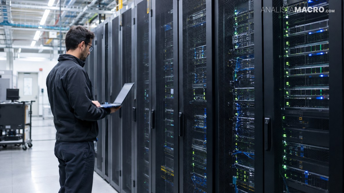 Un hombre observa y utiliza una computadora portátil frente a varias filas de servidores en un centro de datos.