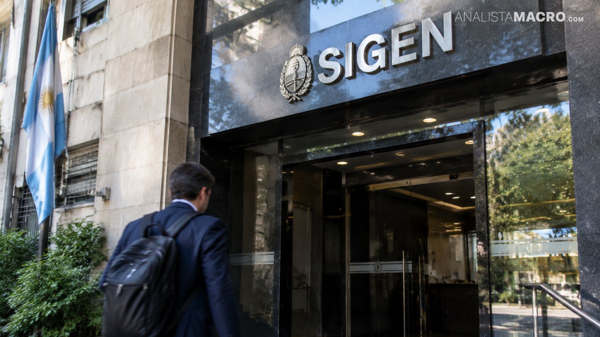 Hombre con mochila camina hacia la entrada de un edificio con el letrero SIGEN y banderas argentinas.