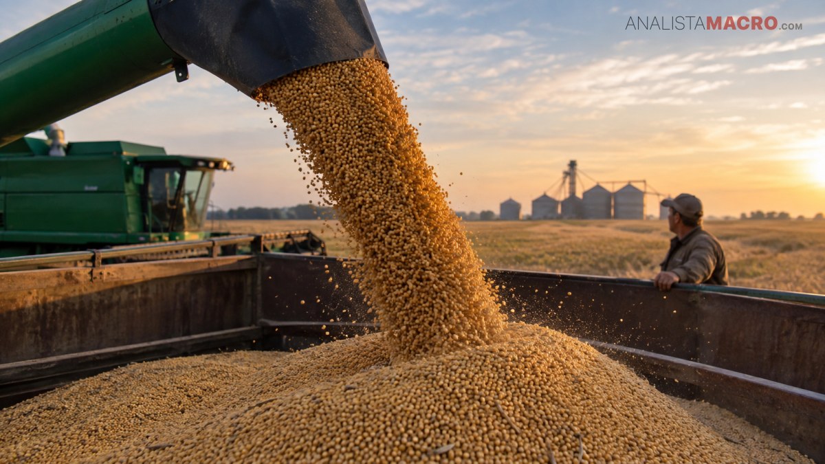 Granos de cereal caen desde una cosechadora hacia un remolque, mientras un trabajador observa el proceso al atardecer.