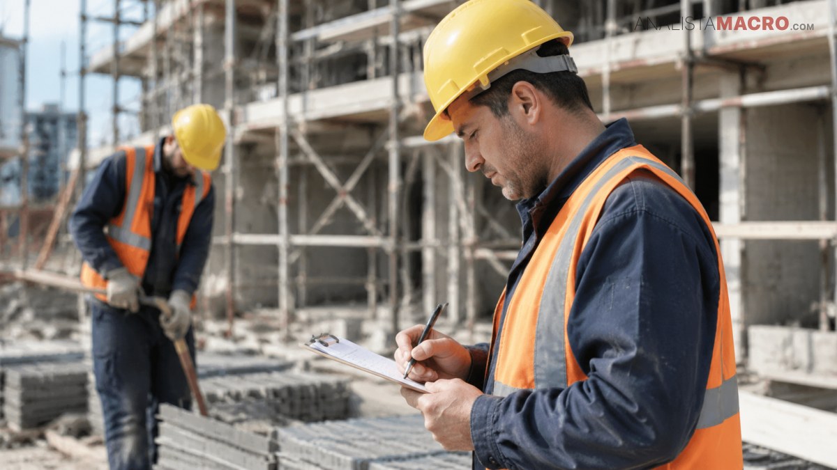 Dos trabajadores con cascos y chalecos reflectantes trabajan en una obra; uno revisa documentos y el otro utiliza una herramienta.