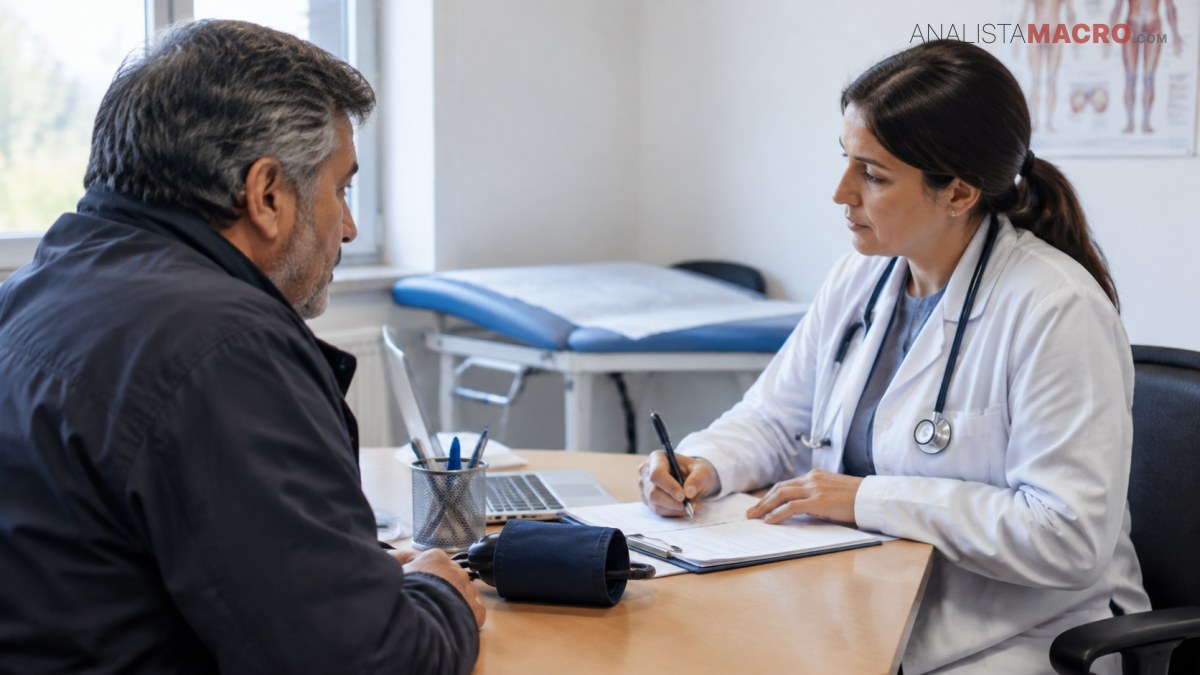 Médica conversa con un hombre mientras toma notas en un consultorio, con un tensiómetro sobre la mesa.