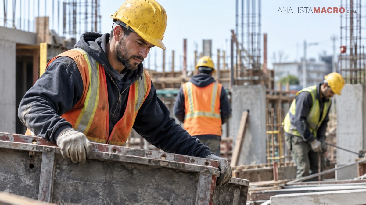 Obreros con cascos y chalecos de seguridad trabajan en una obra, uno apoyado en un encofrado metálico.