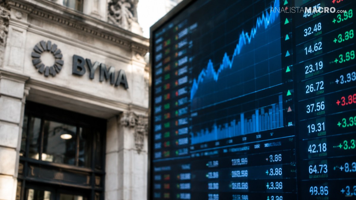 Fachada de BYMA con un gran panel digital azul que muestra números y gráficos financieros.