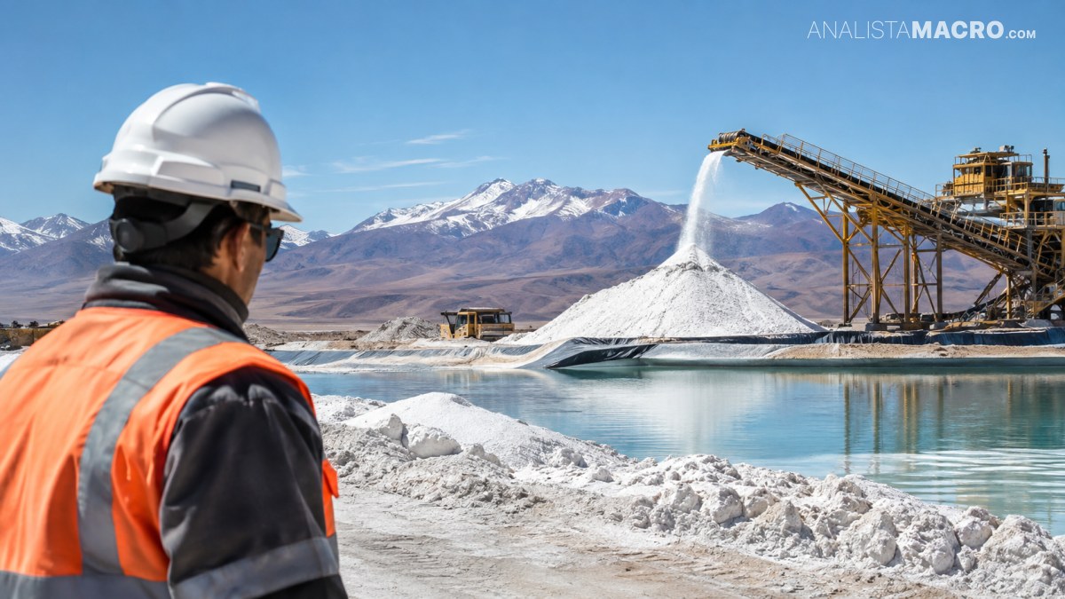 Trabajador con casco y chaleco reflectante observa una planta industrial junto a montañas nevadas, pilas de material y un estanque.