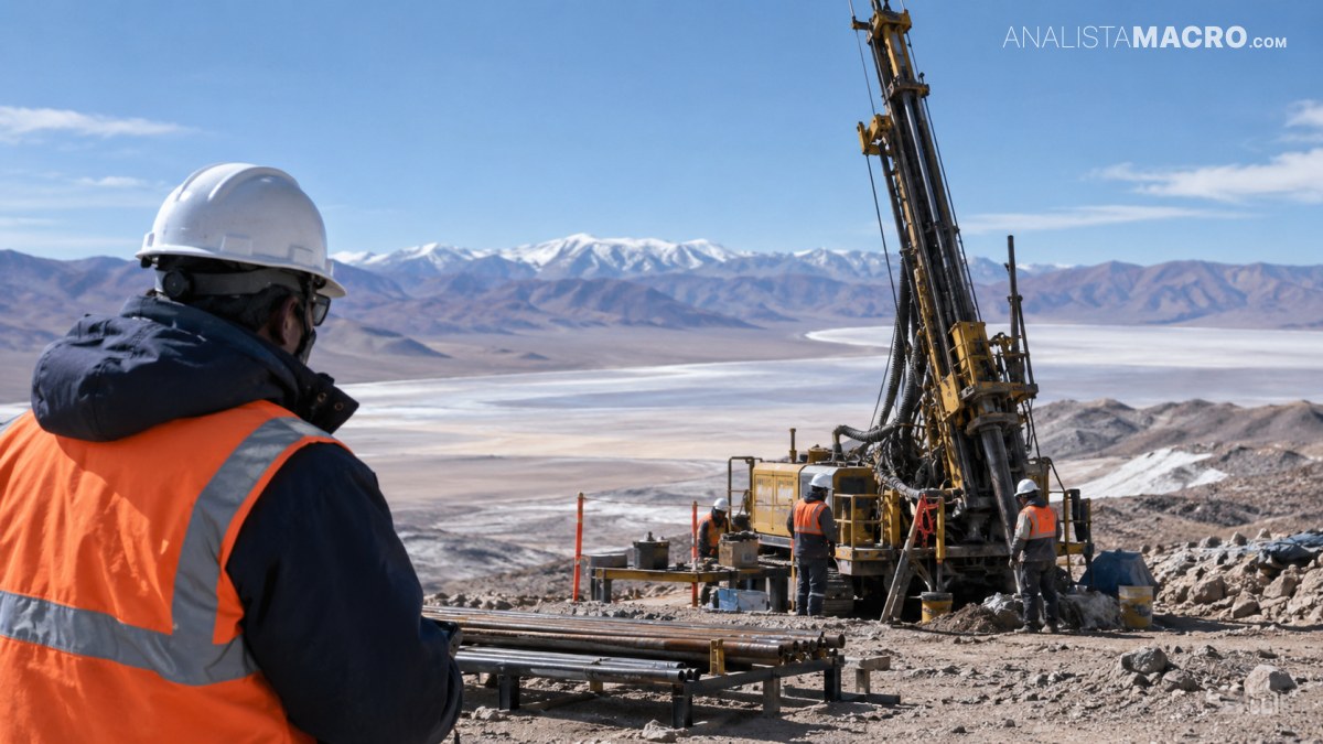 Trabajador con casco y chaleco reflectante observa una plataforma de perforación junto a varios operarios, montañas y un salar.