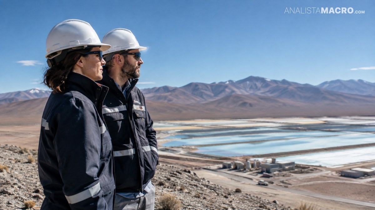 Dos trabajadores con cascos y ropa reflectante observan una planta industrial junto a lagunas, rodeada de montañas bajo un cielo despejado.