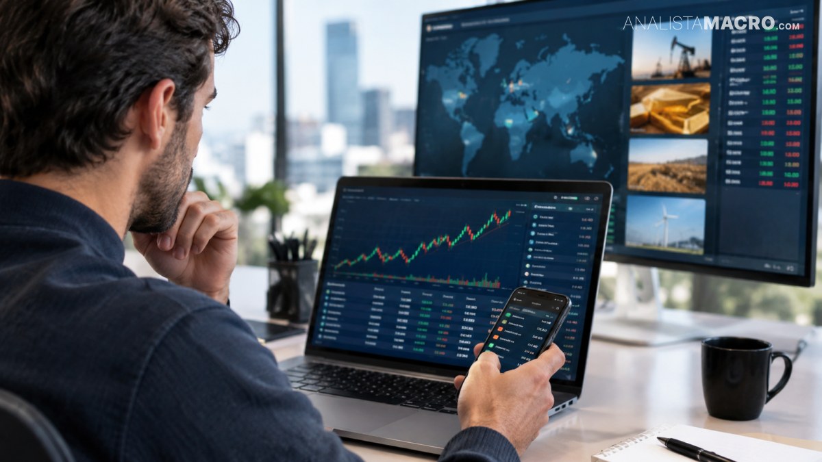 Un hombre observa gráficos financieros en una computadora portátil mientras sostiene un teléfono frente a dos monitores.