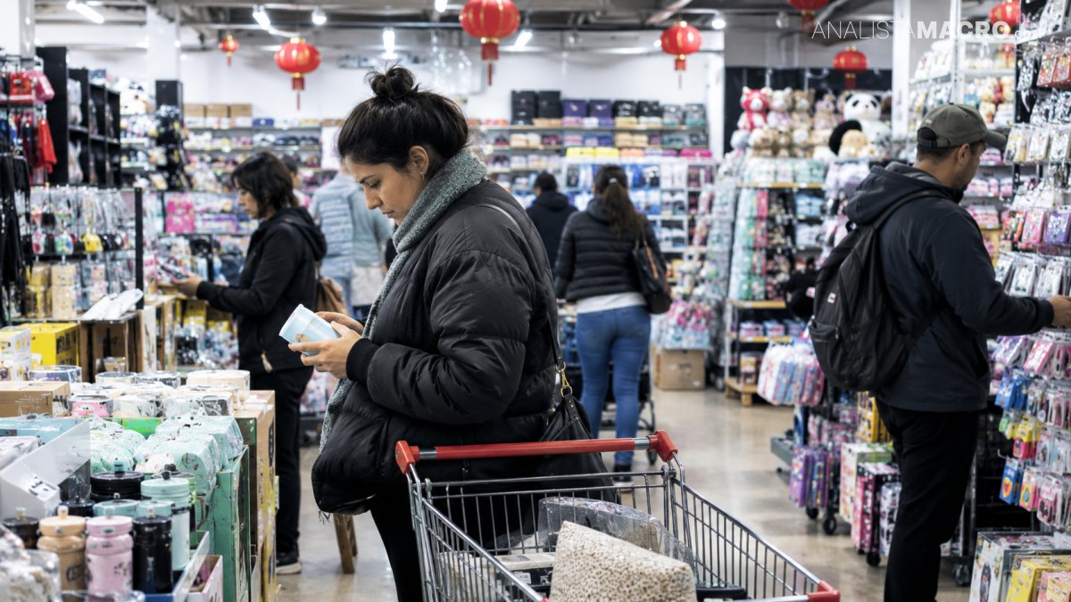 Mujer con abrigo negro empuja un carrito de compras mientras observa un producto en una tienda llena de artículos.