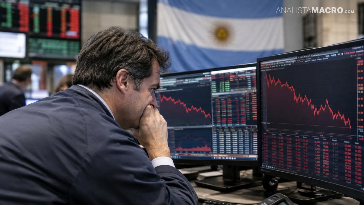 Hombre observa con preocupación varias pantallas financieras con gráficos descendentes, mientras una bandera argentina cuelga al fondo.
