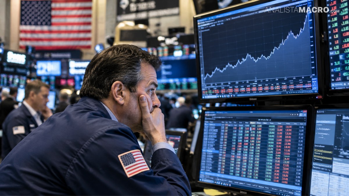 Un operador bursátil observa varios monitores con gráficos financieros y cotizaciones, mientras una bandera estadounidense aparece al fondo.