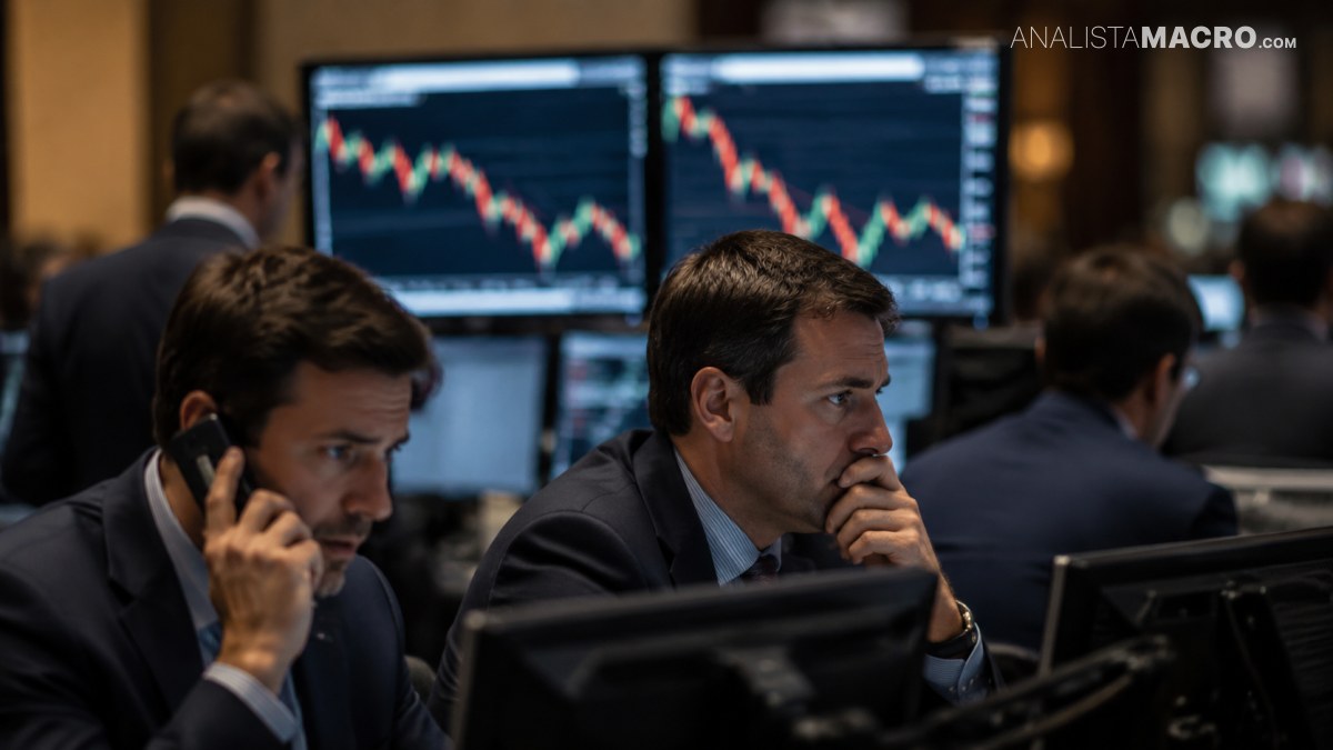 Dos hombres trajeados observan pantallas con gráficos financieros mientras uno habla por teléfono y el otro se lleva la mano al mentón.
