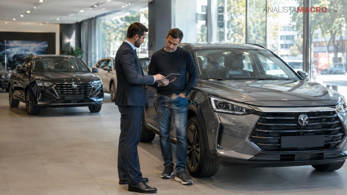 Dos hombres conversan junto a un automóvil SUV gris en el interior de un concesionario, con otros vehículos al fondo.